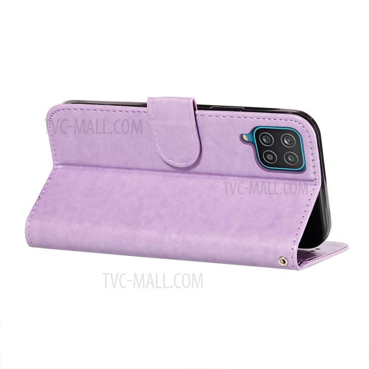 Imprinted Flower Vine Wallet PU Leather + TPU Case with Lanyard for Samsung Galaxy A12 - Purple-8