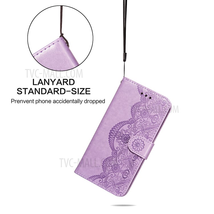 Imprinted Flower Vine Wallet PU Leather + TPU Case with Lanyard for Samsung Galaxy A12 - Purple-9