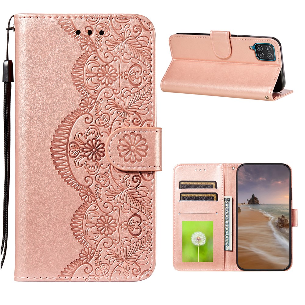 Imprinted Flower Vine Wallet PU Leather + TPU Case with Lanyard for Samsung Galaxy A12 - Rose Gold-1