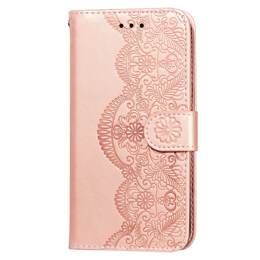 Imprinted Flower Vine Wallet PU Leather + TPU Case with Lanyard for Samsung Galaxy A12 - Rose Gold-2