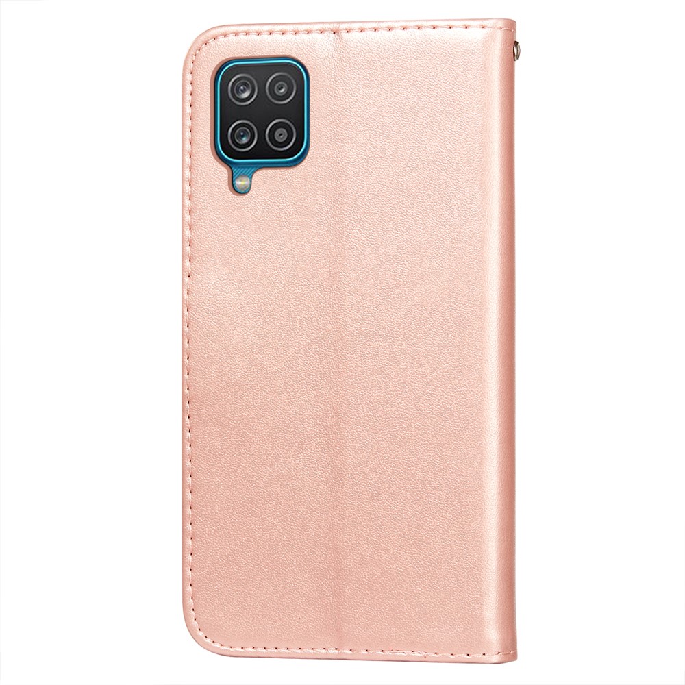 Imprinted Flower Vine Wallet PU Leather + TPU Case with Lanyard for Samsung Galaxy A12 - Rose Gold-3