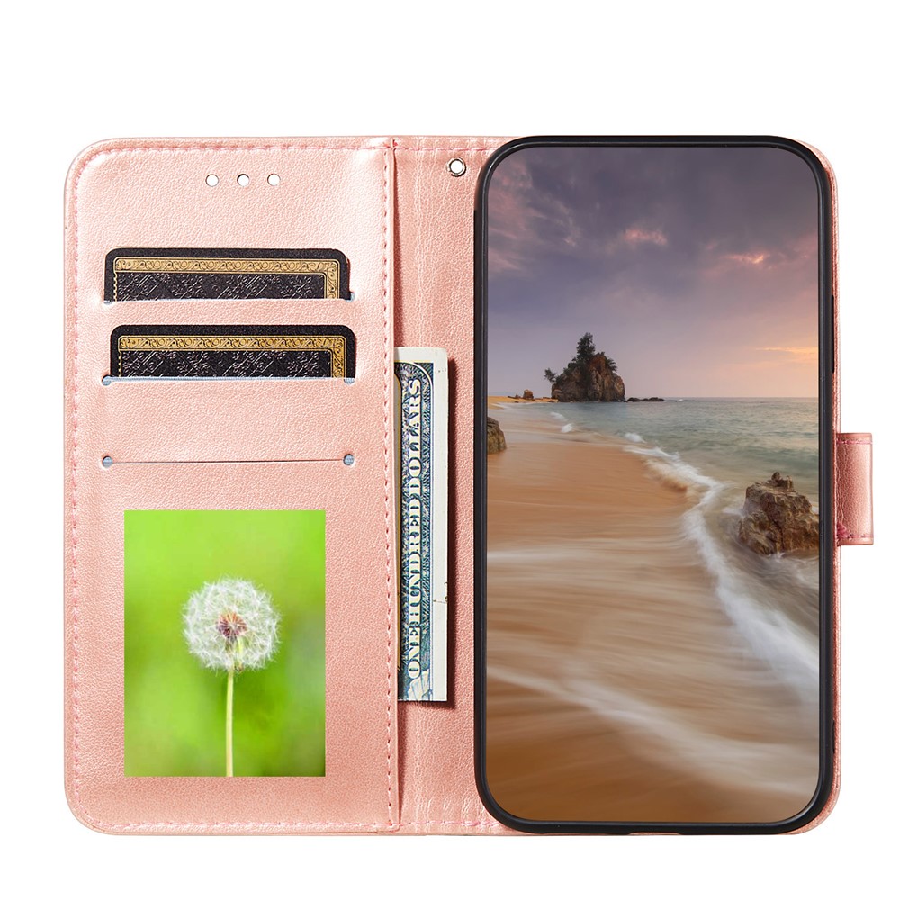 Imprinted Flower Vine Wallet PU Leather + TPU Case with Lanyard for Samsung Galaxy A12 - Rose Gold-4