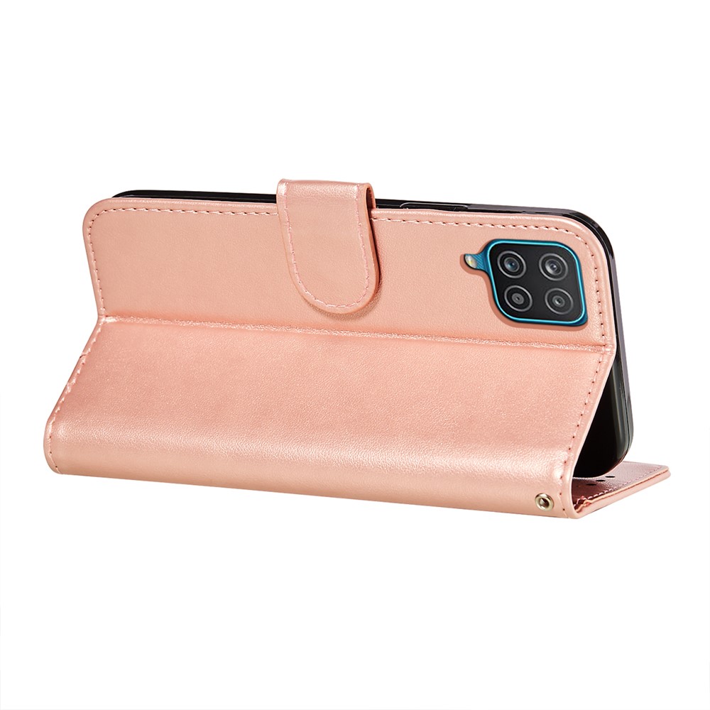 Imprinted Flower Vine Wallet PU Leather + TPU Case with Lanyard for Samsung Galaxy A12 - Rose Gold-5