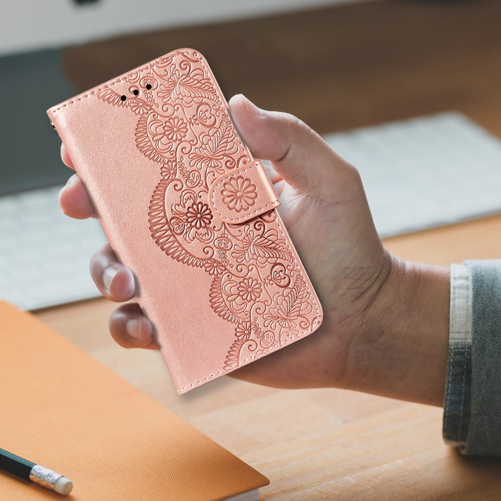 Imprinted Flower Vine Wallet PU Leather + TPU Case with Lanyard for Samsung Galaxy A12 - Rose Gold-8