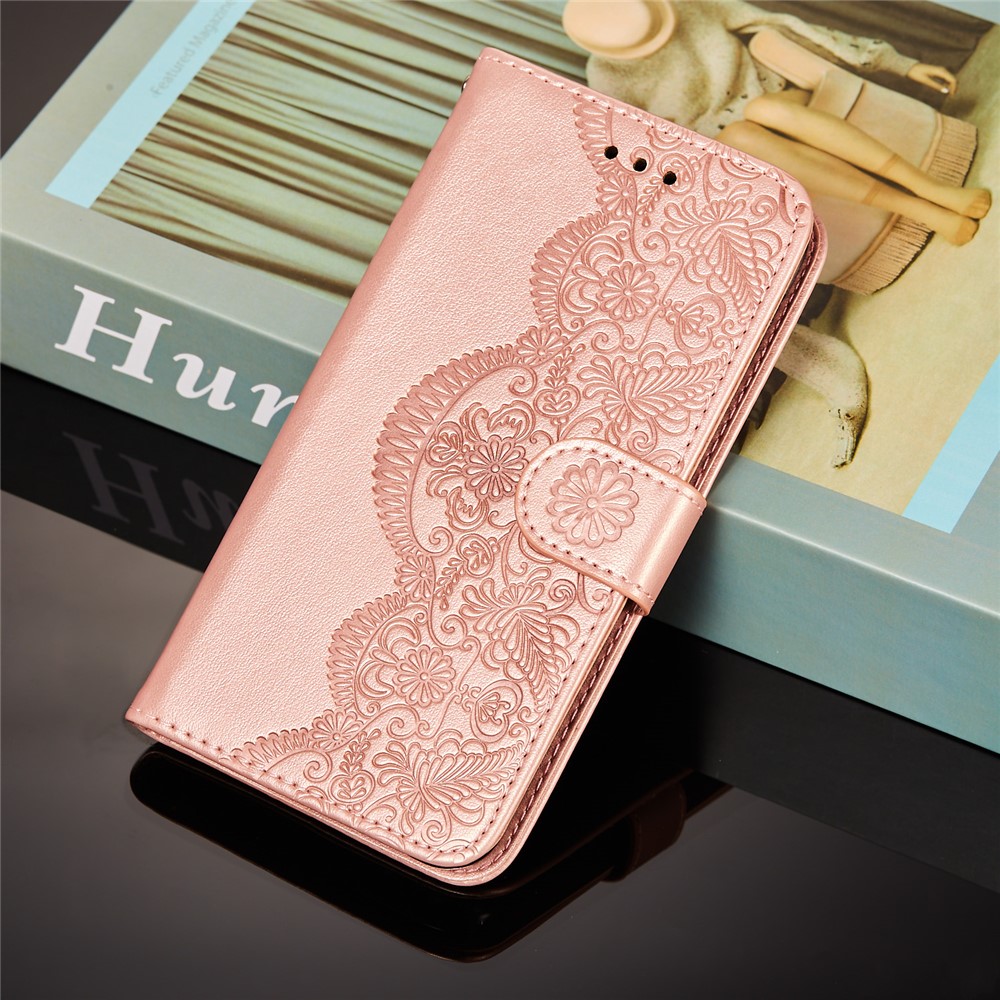 Imprinted Flower Vine Wallet PU Leather + TPU Case with Lanyard for Samsung Galaxy A12 - Rose Gold-9