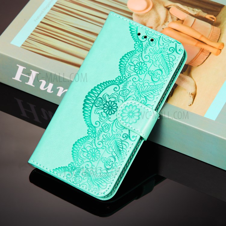 Imprinted Flower Vine Wallet PU Leather + TPU Case with Lanyard for Samsung Galaxy A12 - Green-10