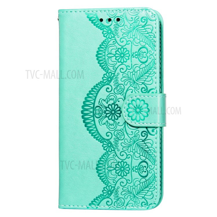 Imprinted Flower Vine Wallet PU Leather + TPU Case with Lanyard for Samsung Galaxy A12 - Green-2