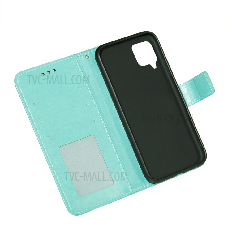 Imprinted Flower Vine Wallet PU Leather + TPU Case with Lanyard for Samsung Galaxy A12 - Green-7