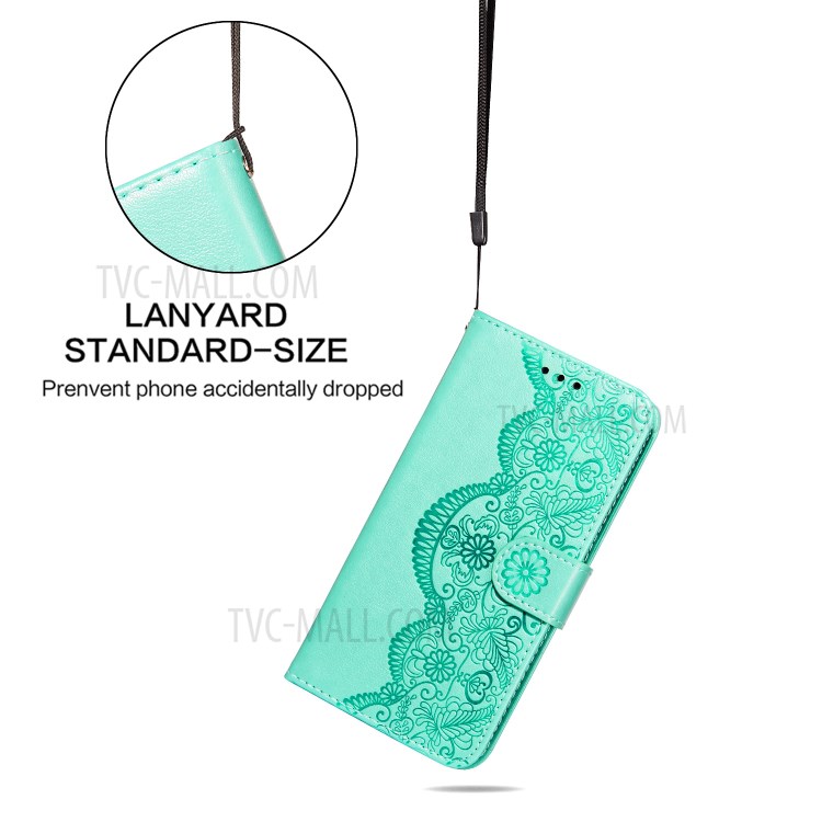 Imprinted Flower Vine Wallet PU Leather + TPU Case with Lanyard for Samsung Galaxy A12 - Green-8
