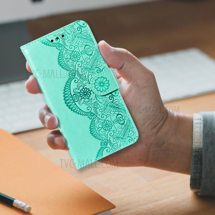 Imprinted Flower Vine Wallet PU Leather + TPU Case with Lanyard for Samsung Galaxy A12 - Green-9