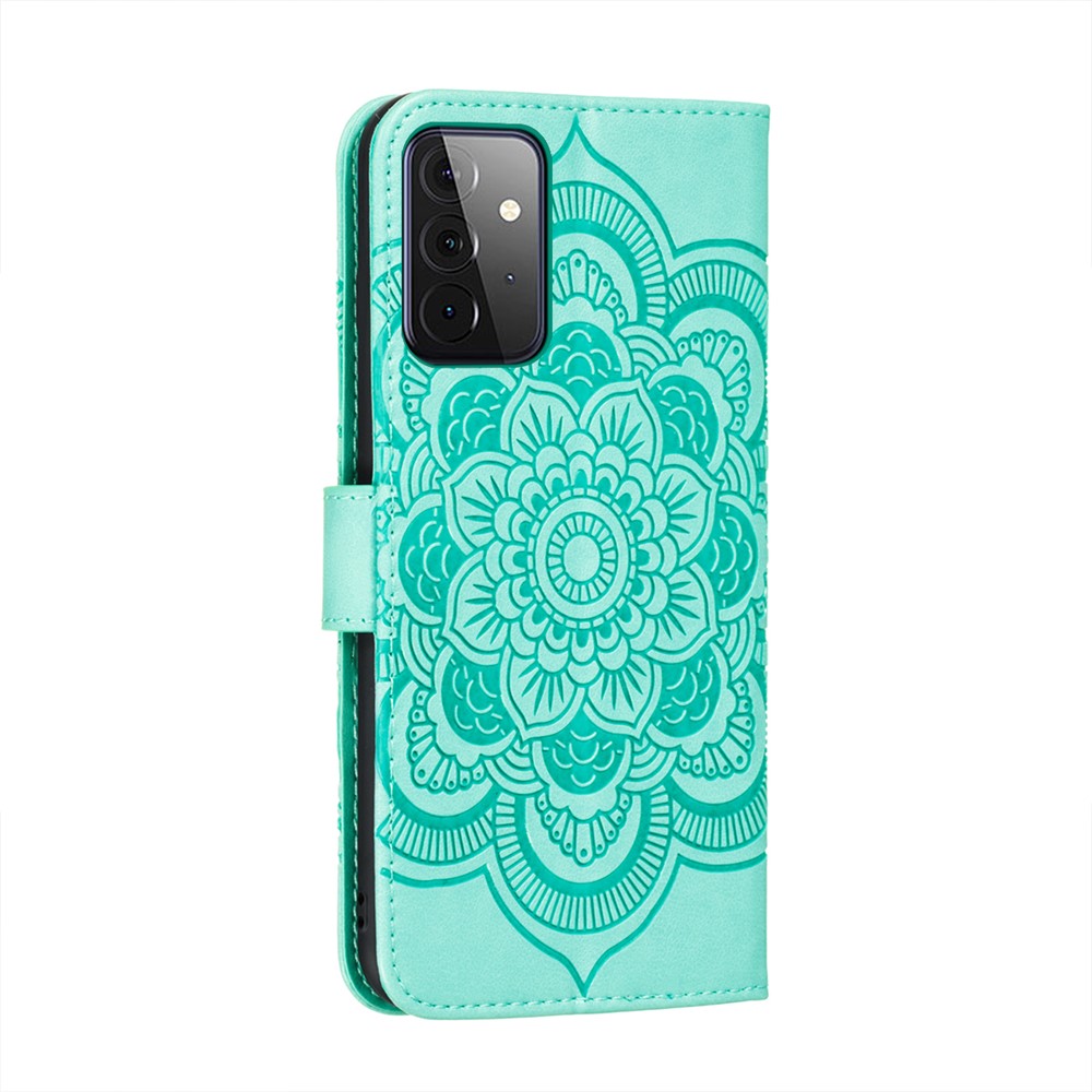 Imprint Mandala Flower Stand for Samsung Galaxy A72 5G (EU Version) Leather Case - Cyan-3