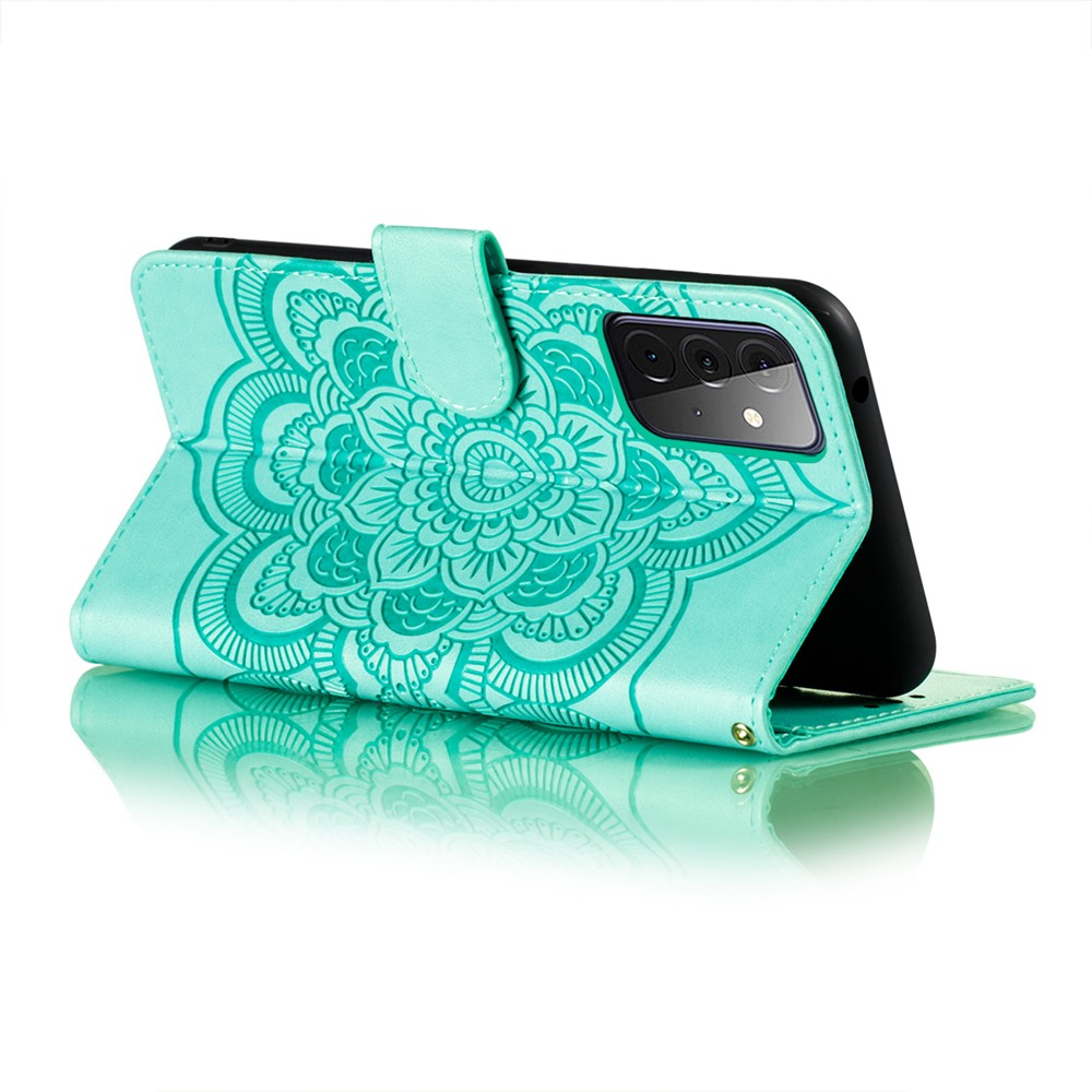 Imprint Mandala Flower Stand for Samsung Galaxy A72 5G (EU Version) Leather Case - Cyan-5