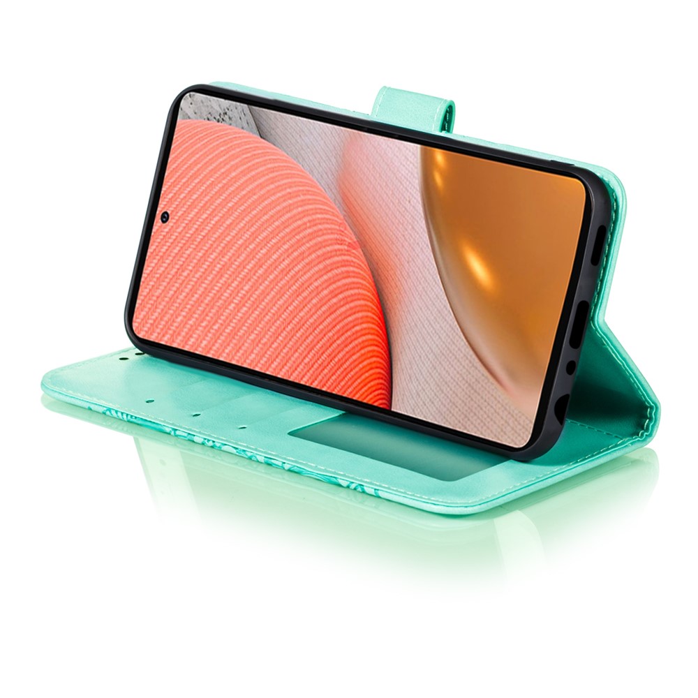Imprint Mandala Flower Stand for Samsung Galaxy A72 5G (EU Version) Leather Case - Cyan-6