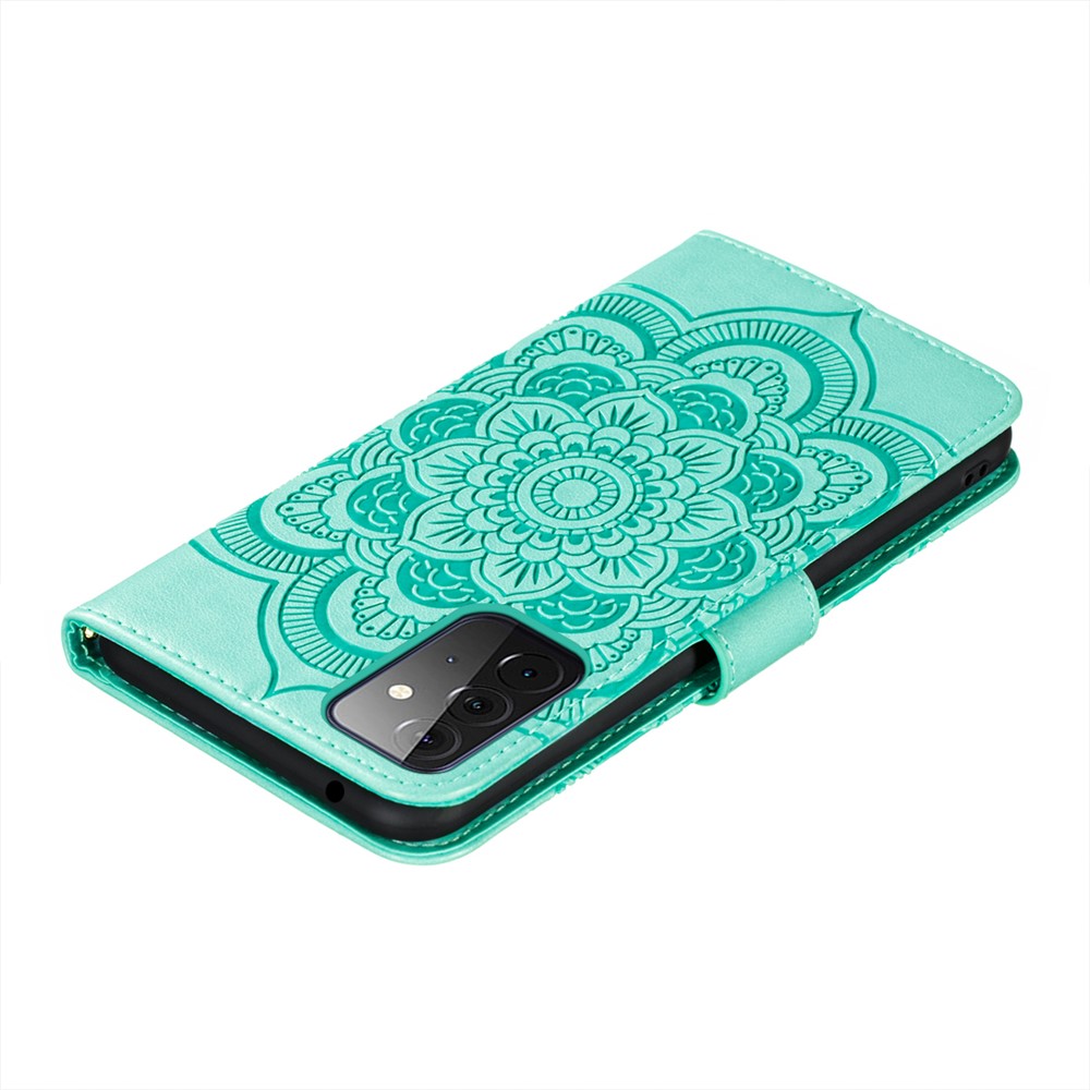 Imprint Mandala Flower Stand for Samsung Galaxy A72 5G (EU Version) Leather Case - Cyan-8