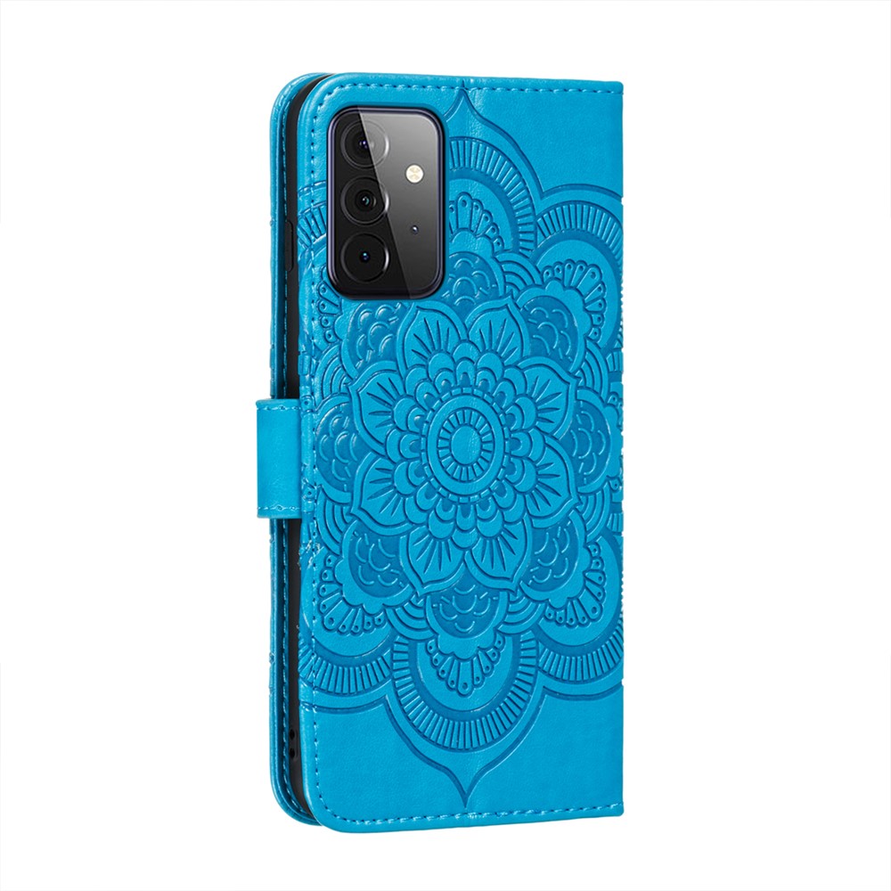 Imprint Mandala Flower Stand for Samsung Galaxy A72 5G Leather Case - Blue-3