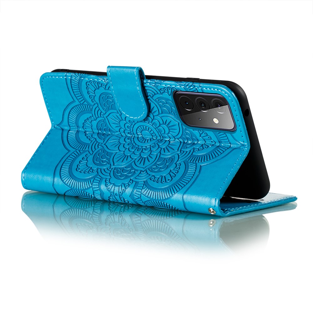 Imprint Mandala Flower Stand for Samsung Galaxy A72 5G Leather Case - Blue-5