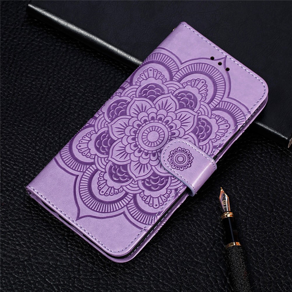 Imprint Mandala Flower Stand for Samsung Galaxy A72 5G Leather Case - Purple-10