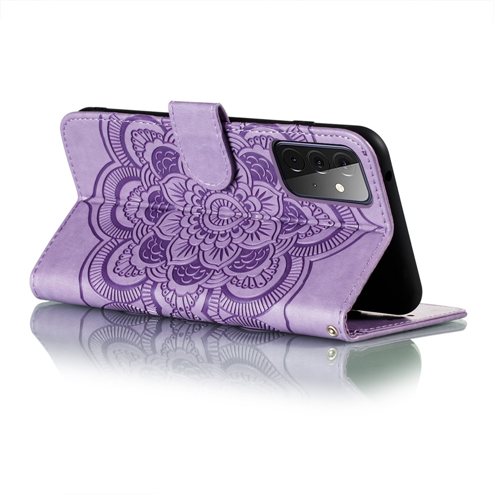Imprint Mandala Flower Stand for Samsung Galaxy A72 5G Leather Case - Purple-5