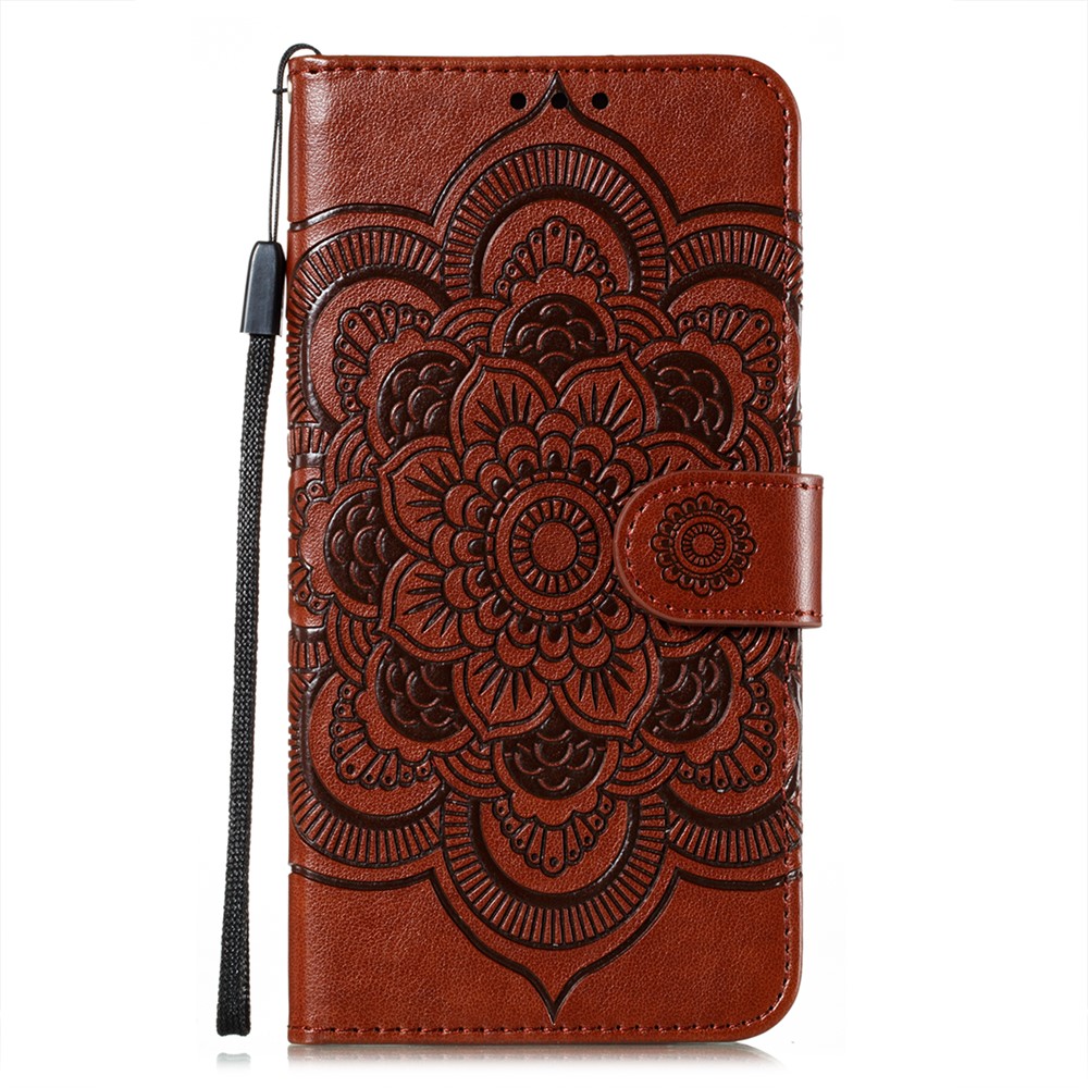 Imprint Mandala Flower Stand for Samsung Galaxy A72 5G Leather Case - Brown-1