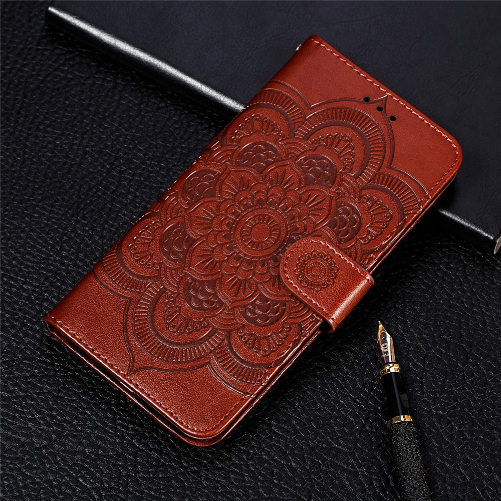 Imprint Mandala Flower Stand for Samsung Galaxy A72 5G Leather Case - Brown-10