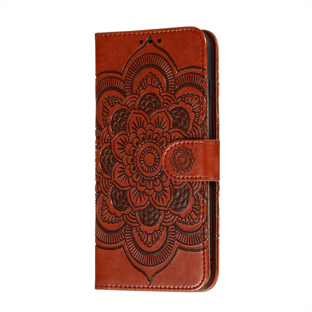 Imprint Mandala Flower Stand for Samsung Galaxy A72 5G Leather Case - Brown-2