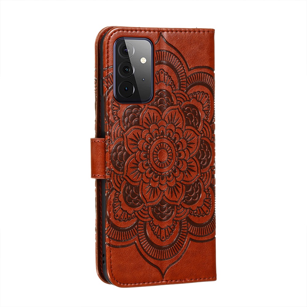 Imprint Mandala Flower Stand for Samsung Galaxy A72 5G Leather Case - Brown-3