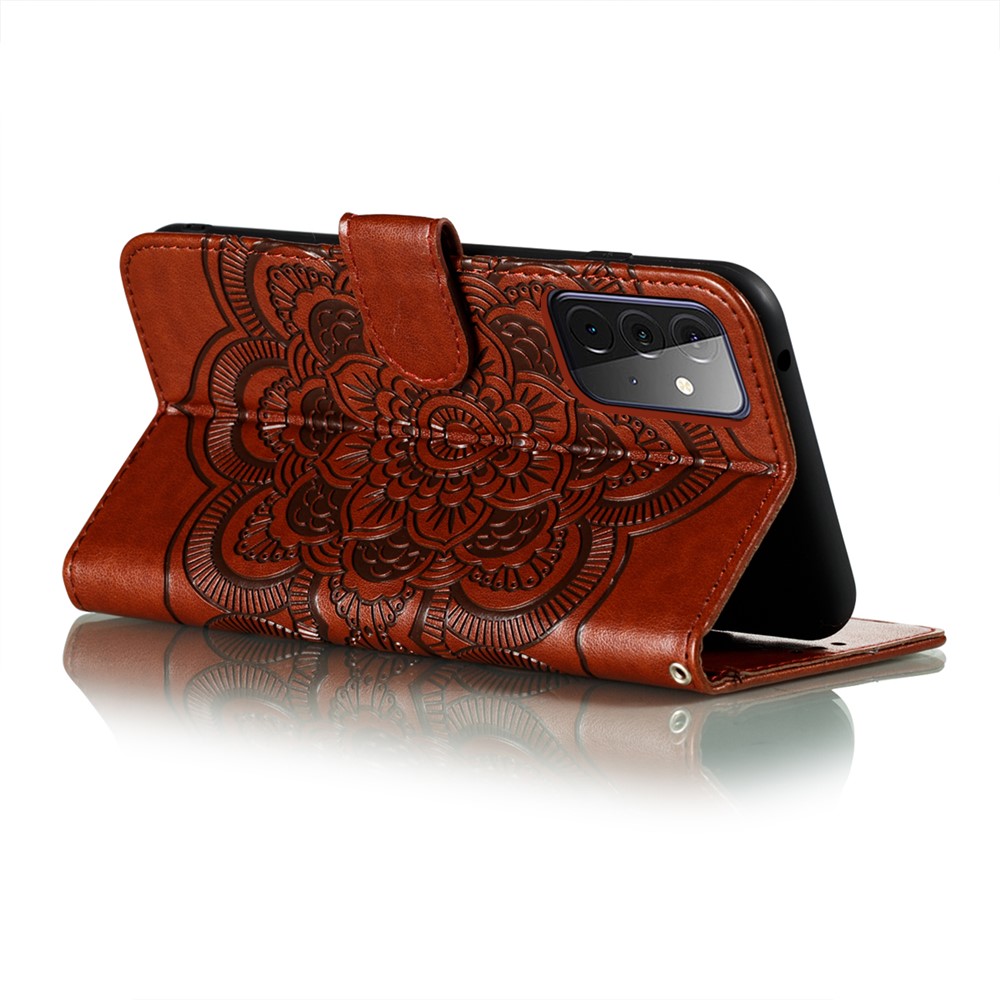 Imprint Mandala Flower Stand for Samsung Galaxy A72 5G Leather Case - Brown-5