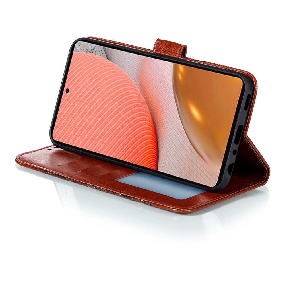 Imprint Mandala Flower Stand for Samsung Galaxy A72 5G Leather Case - Brown-6