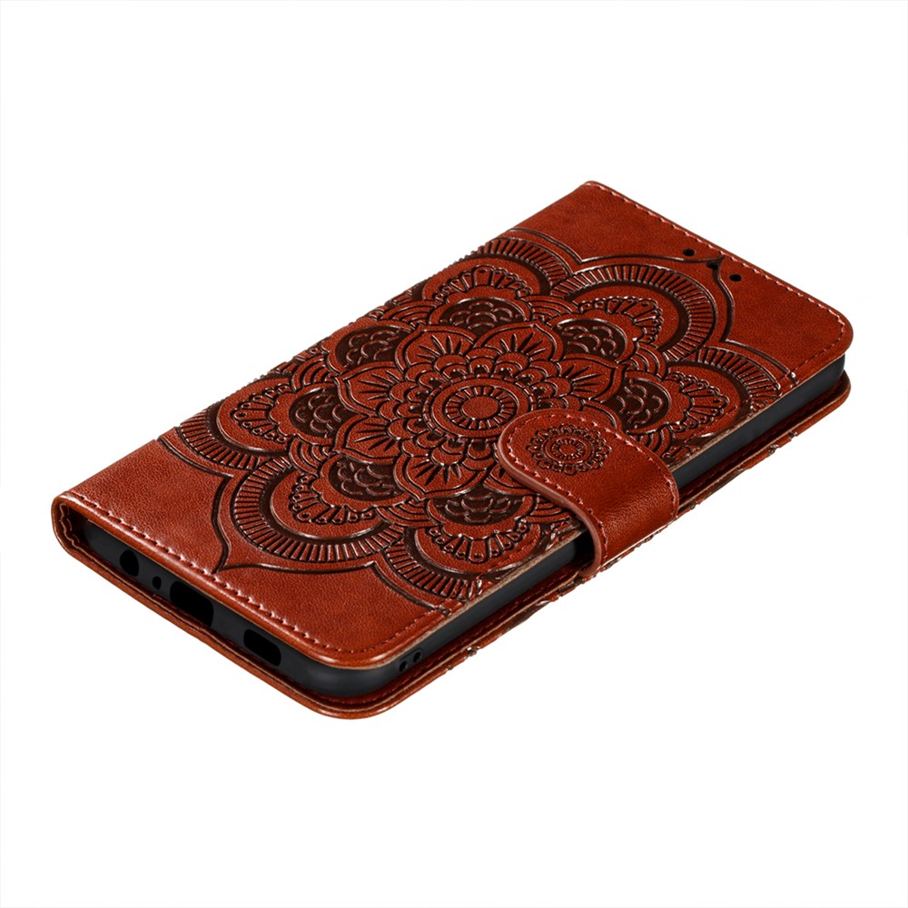 Imprint Mandala Flower Stand for Samsung Galaxy A72 5G Leather Case - Brown-7