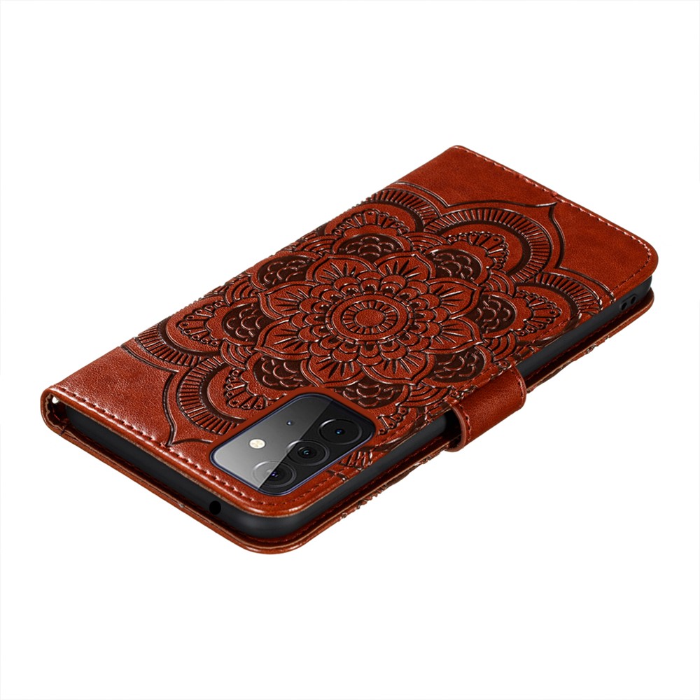 Imprint Mandala Flower Stand for Samsung Galaxy A72 5G Leather Case - Brown-8