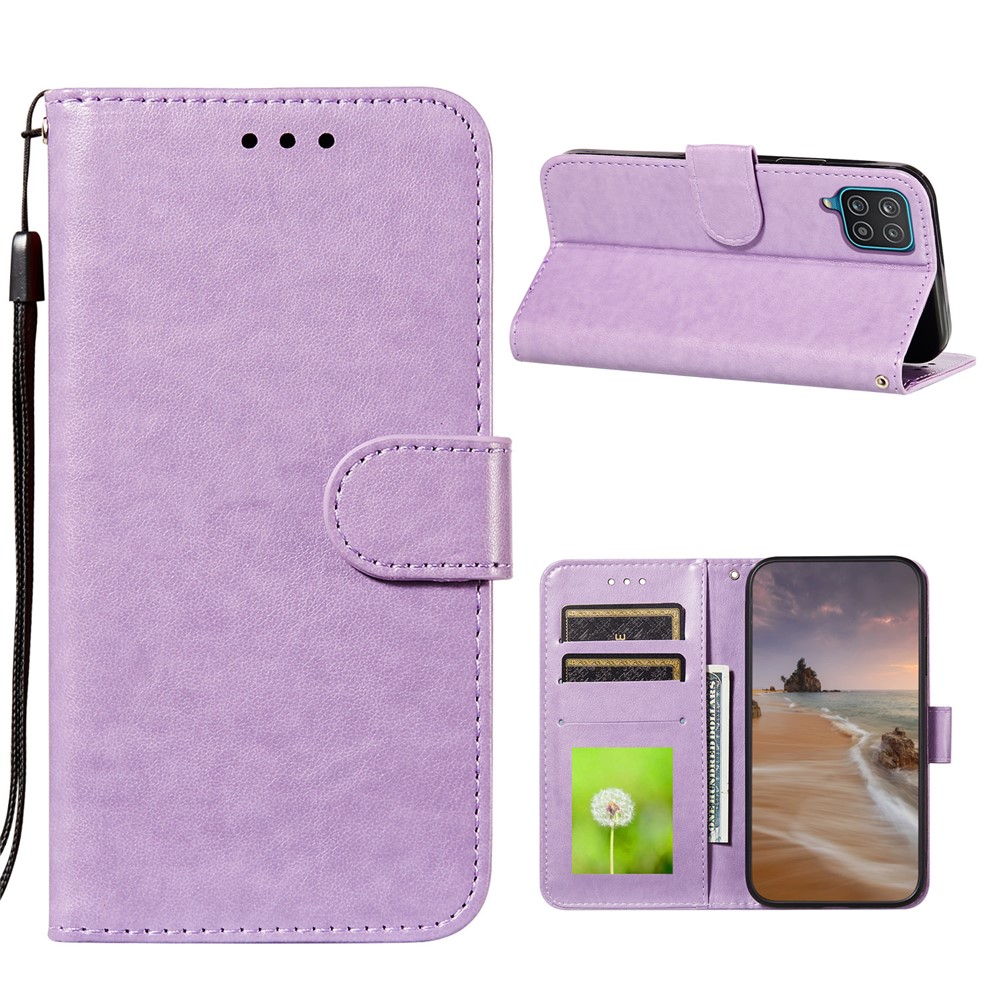 Dual-sided Magnetic Clasp Leather Protector for Samsung Galaxy A12 Wallet Stand Case - Purple-1