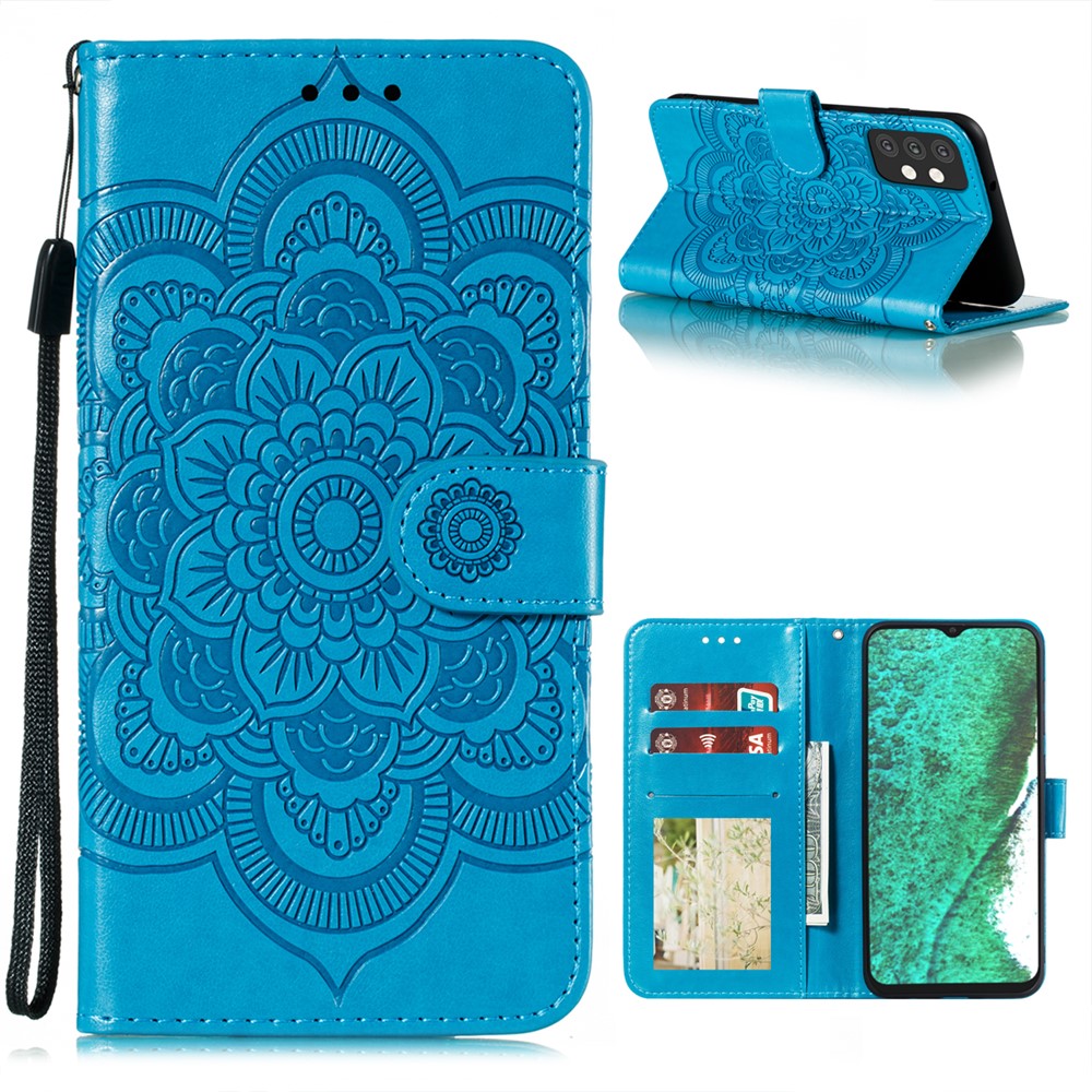 Imprint Mandala Flower Stand Leather Flip Shell for Samsung Galaxy A32 Case - Blue-1