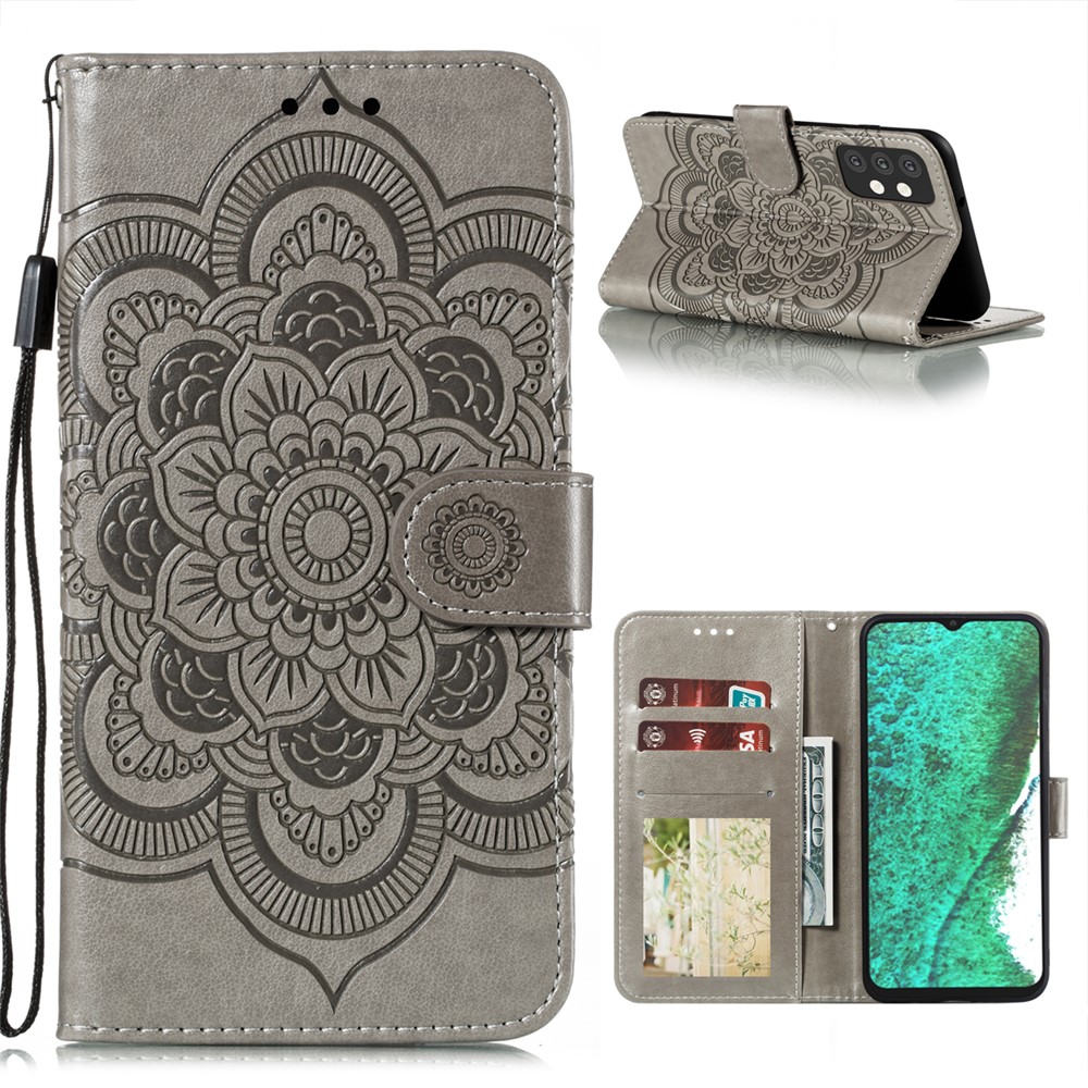 Imprint Mandala Flower Stand Leather Flip Shell for Samsung Galaxy A32 5G Case - Grey-1
