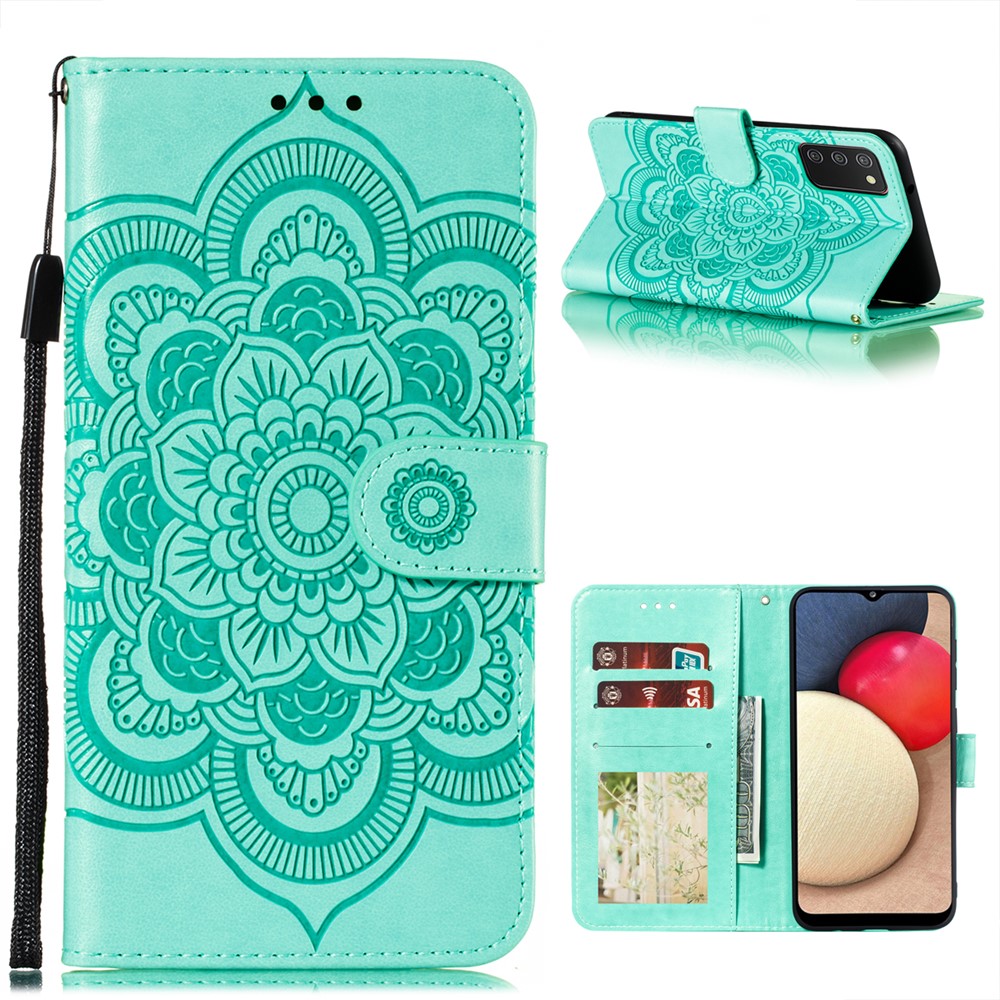 Imprint Mandala Flower Stand Leather Shell for Samsung Galaxy A02s (EU Version) Case - Cyan-1