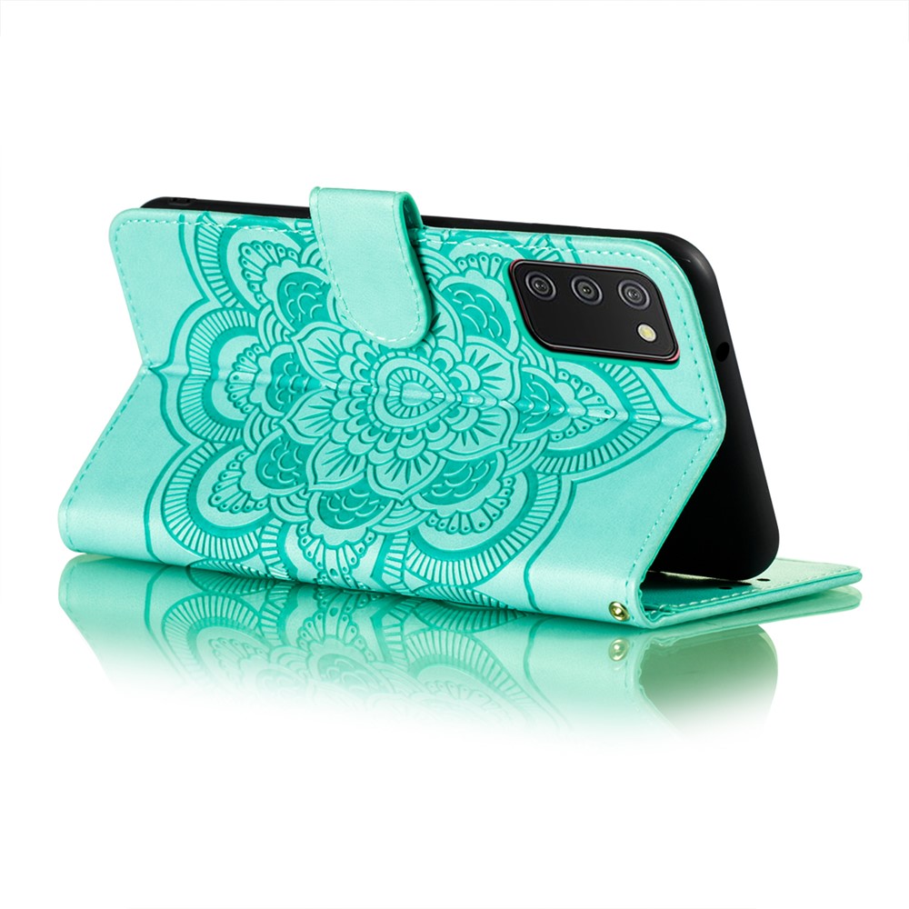 Imprint Mandala Flower Stand Leather Shell for Samsung Galaxy A02s (EU Version) Case - Cyan-5