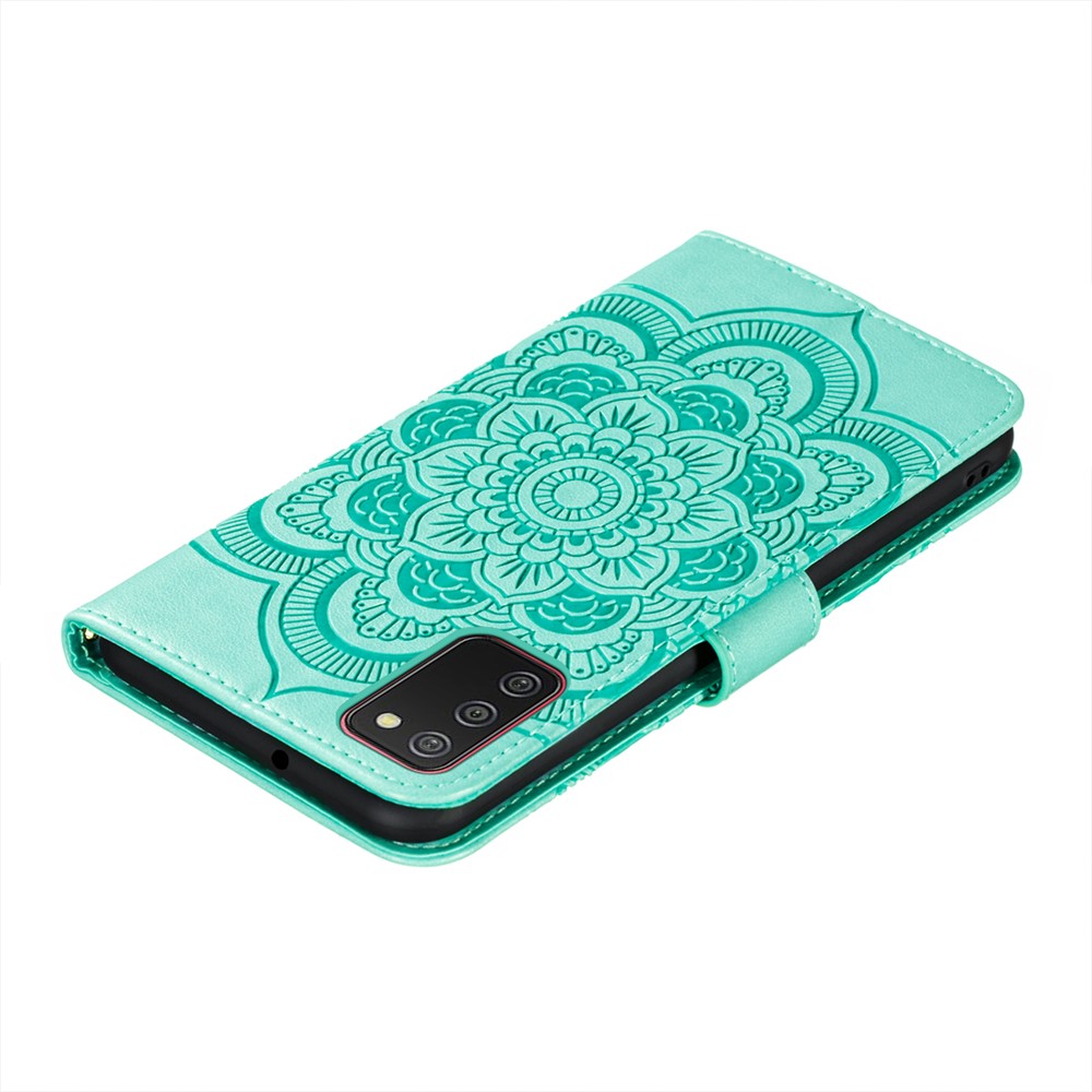 Imprint Mandala Flower Stand Leather Shell for Samsung Galaxy A02s (EU Version) Case - Cyan-8