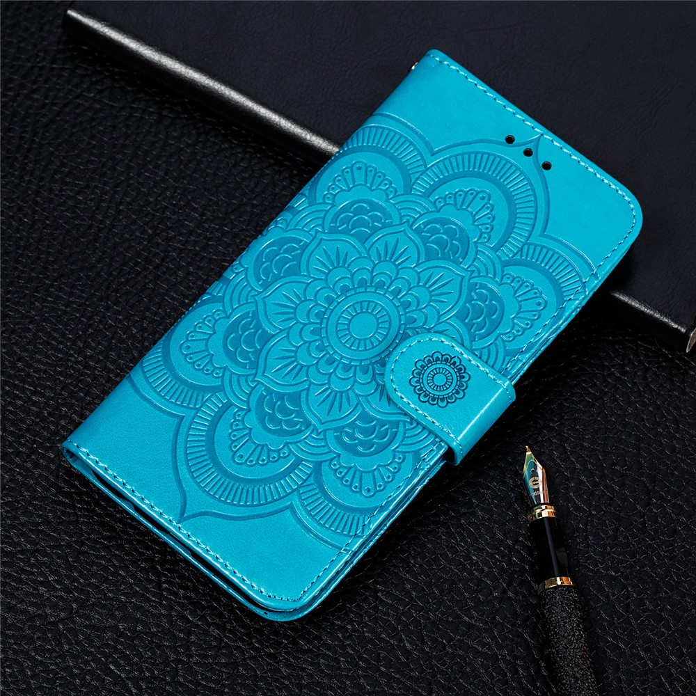 Imprint Mandala Flower Stand Leather Shell for Samsung Galaxy A02s (164.2x75.9x9.1mm) Case - Blue-10