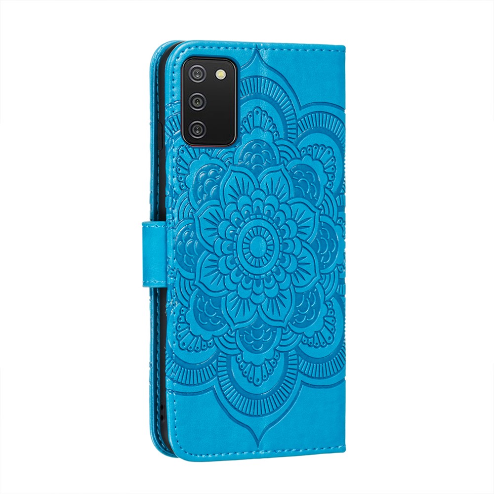 Imprint Mandala Flower Stand Leather Shell for Samsung Galaxy A02s (164.2x75.9x9.1mm) Case - Blue-3