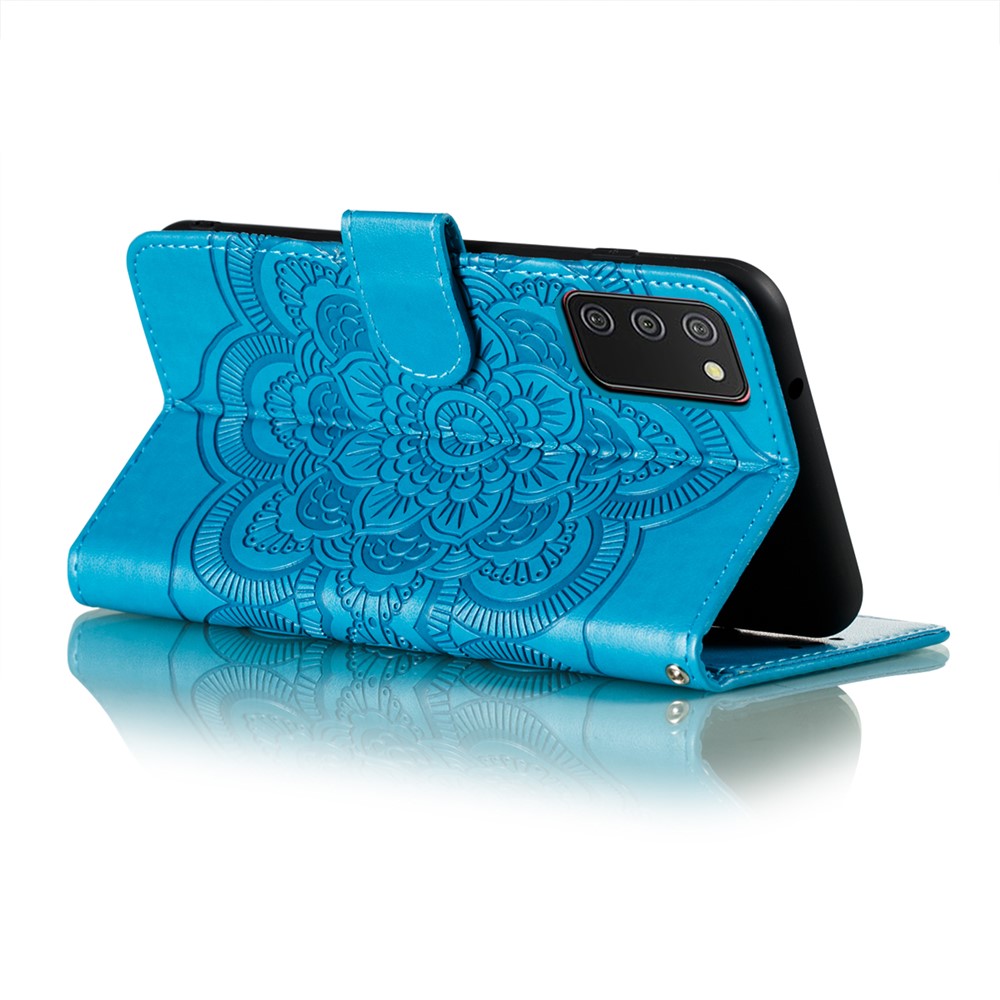 Imprint Mandala Flower Stand Leather Shell for Samsung Galaxy A02s (164.2x75.9x9.1mm) Case - Blue-5