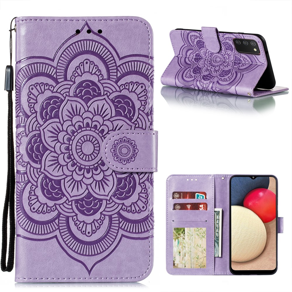 Imprint Mandala Flower Stand Leather Shell for Samsung Galaxy A02s (164.2x75.9x9.1mm) Case - Purple-1
