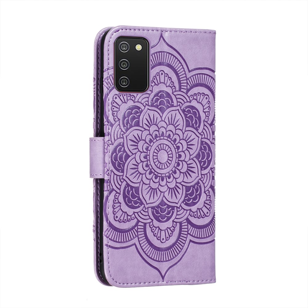 Imprint Mandala Flower Stand Leather Shell for Samsung Galaxy A02s (164.2x75.9x9.1mm) Case - Purple-3