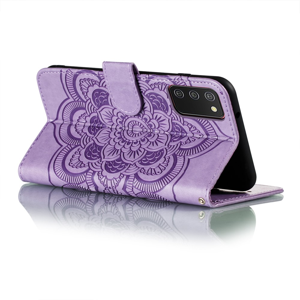 Imprint Mandala Flower Stand Leather Shell for Samsung Galaxy A02s (164.2x75.9x9.1mm) Case - Purple-5