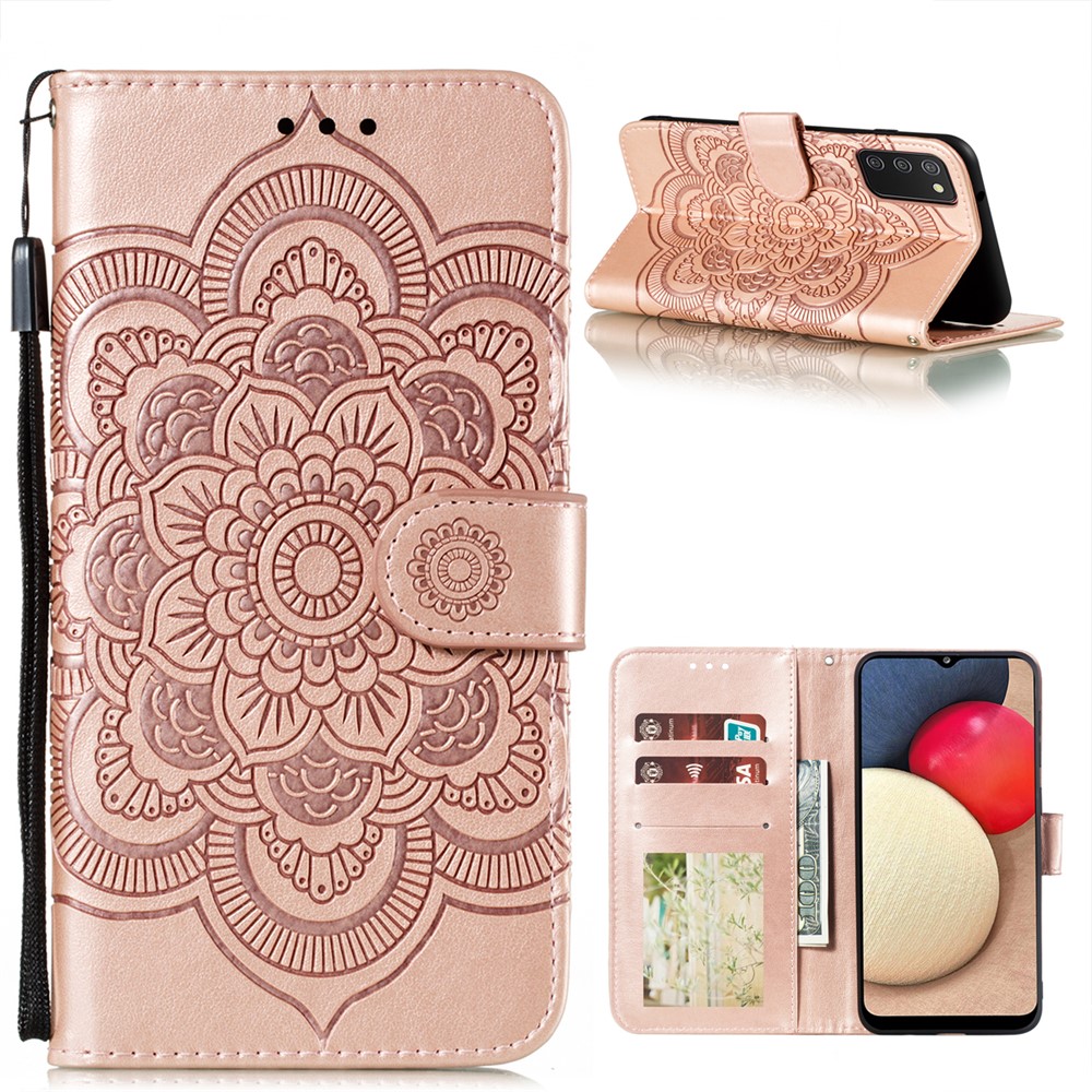 Imprint Mandala Flower Stand Leather Shell for Samsung Galaxy A02s (EU Version) Case - Rose Gold-1