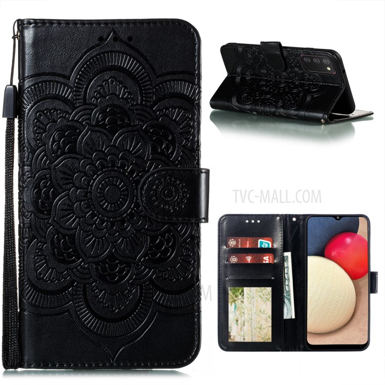 Imprint Mandala Flower Stand Leather Shell for Samsung Galaxy A02s (EU Version) Case - Black-1