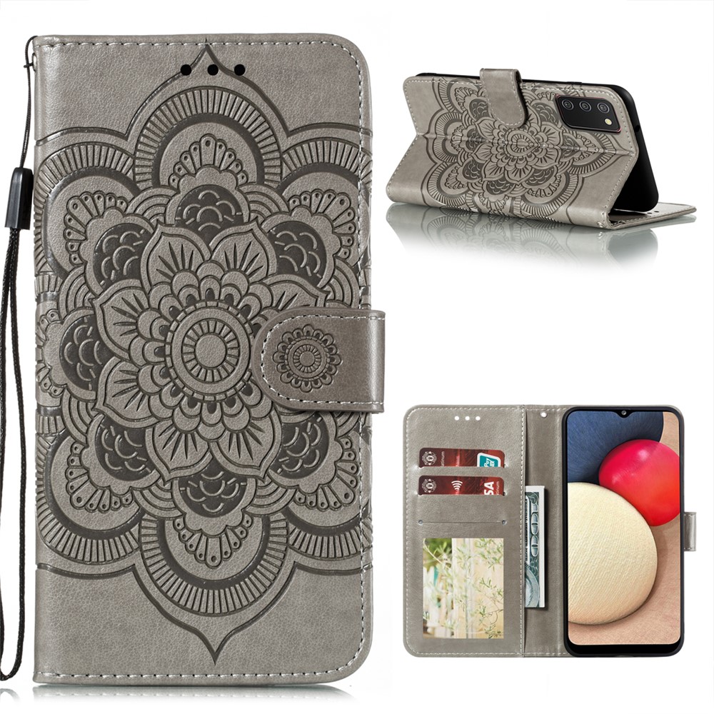 Imprint Mandala Flower Stand Leather Shell for Samsung Galaxy A02s (164.2x75.9x9.1mm) Case - Grey-1