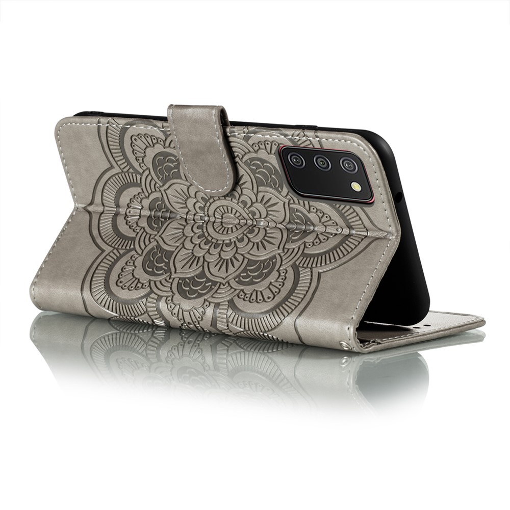 Imprint Mandala Flower Stand Leather Shell for Samsung Galaxy A02s (164.2x75.9x9.1mm) Case - Grey-5