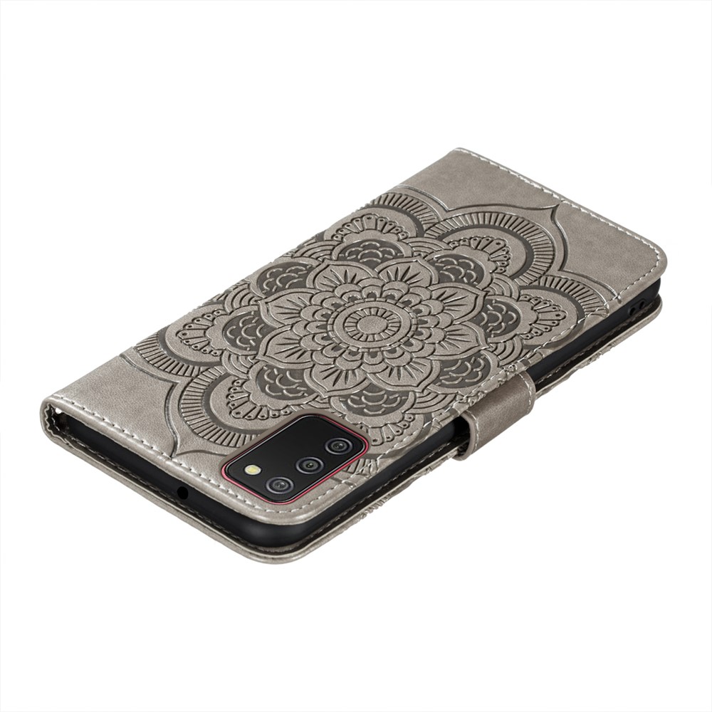 Imprint Mandala Flower Stand Leather Shell for Samsung Galaxy A02s (164.2x75.9x9.1mm) Case - Grey-8