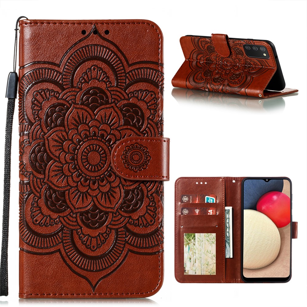 Imprint Mandala Flower Stand Leather Shell for Samsung Galaxy A02s (164.2x75.9x9.1mm) Case - Brown-1