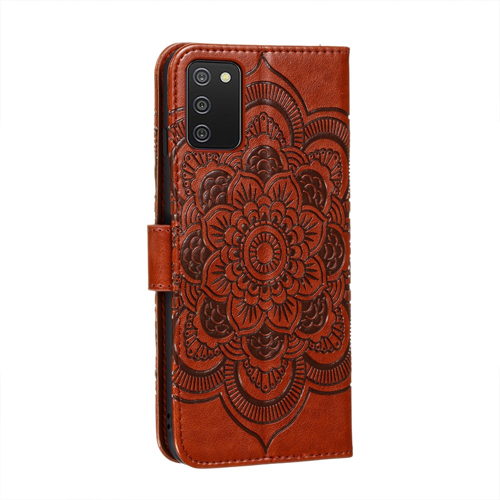 Imprint Mandala Flower Stand Leather Shell for Samsung Galaxy A02s (164.2x75.9x9.1mm) Case - Brown-3