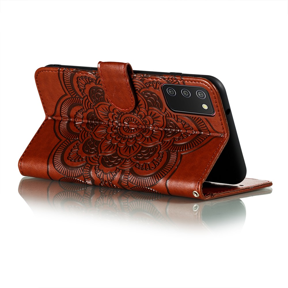 Imprint Mandala Flower Stand Leather Shell for Samsung Galaxy A02s (164.2x75.9x9.1mm) Case - Brown-5